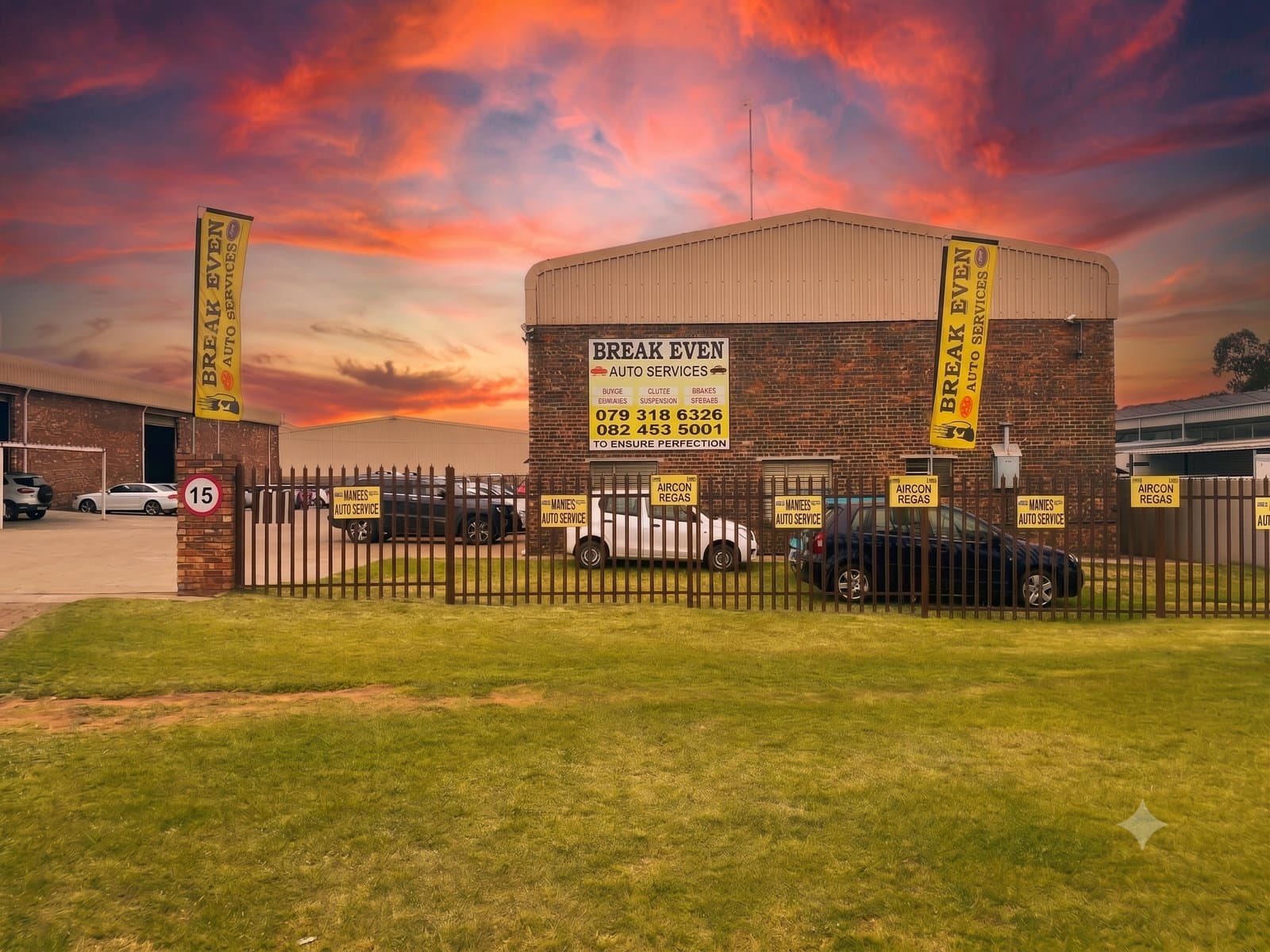 The Break Even Auto Services workshop in Naledi Industrial Park, Sasolburg, at dusk